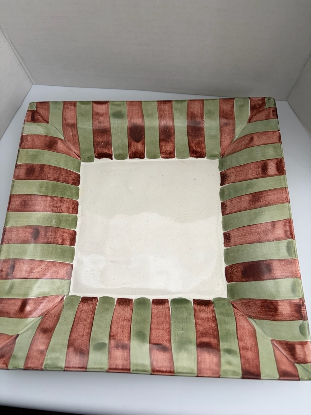 Mackenzie Childs Striped Square Ceramic Serving Platter - Green & brown